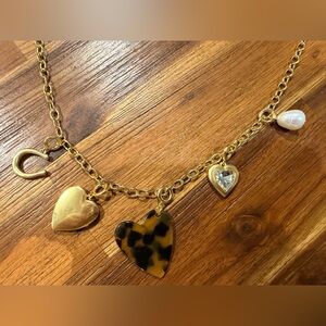 J Crew Gold Charm Necklace with Tortoiseshell Heart Accent